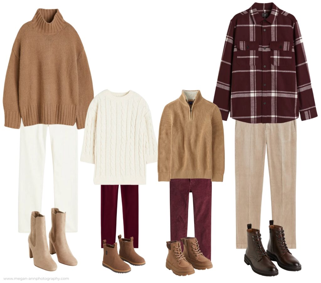 winter family outfit collage in the colors beige, tan, and maroon/burgundy 