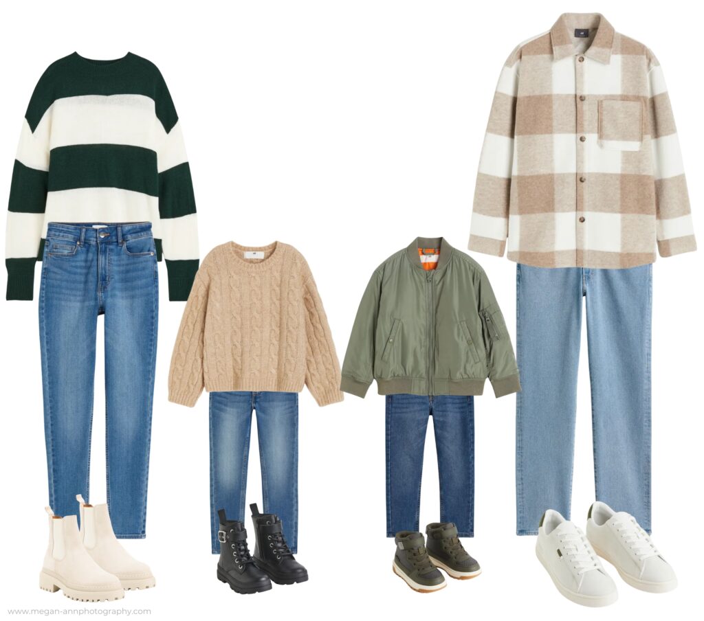 winter family outfit collage in the colors beige, blue and green 